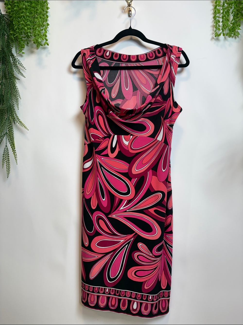 Sandra Darren Pink and Black Cowl-Neck Midi Dress